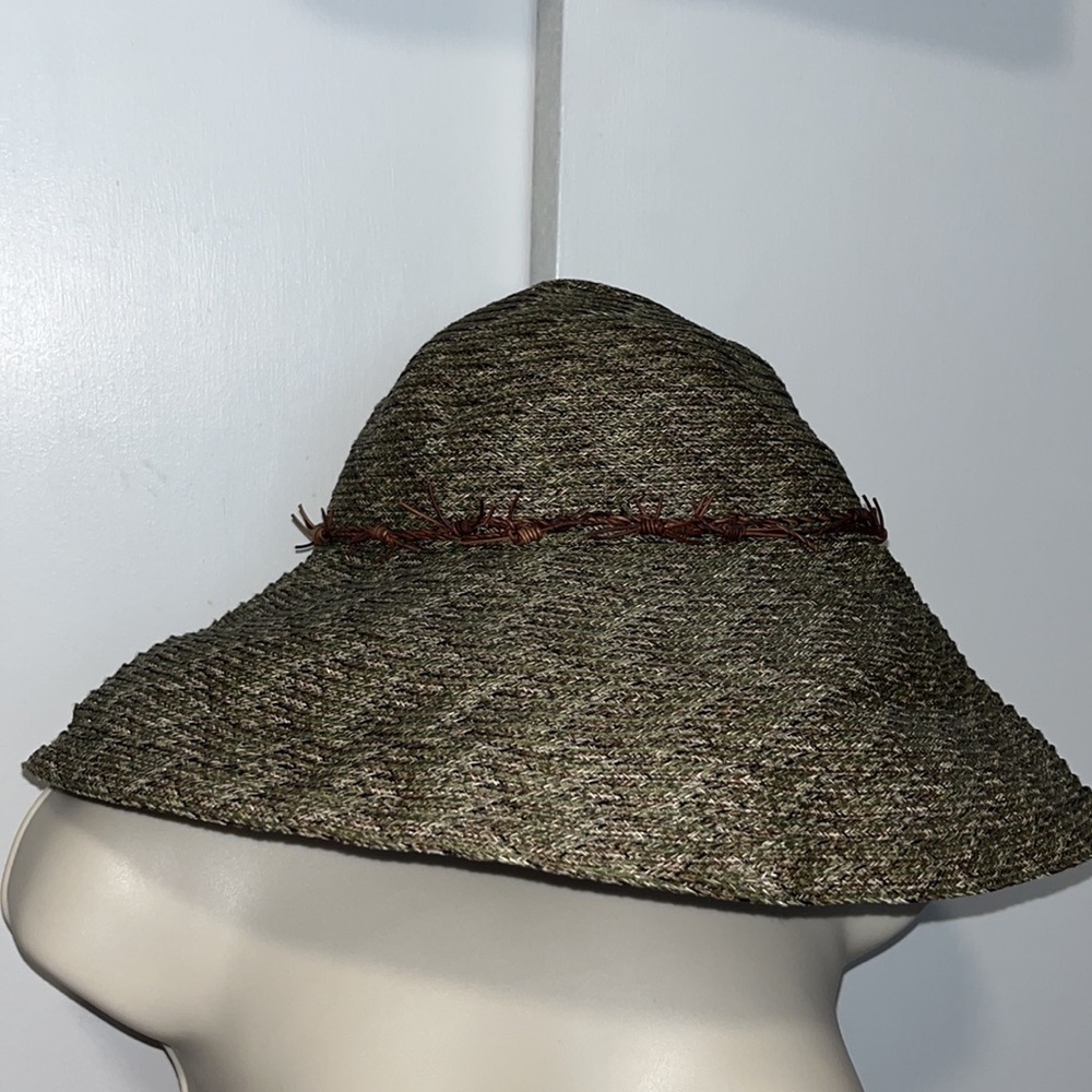Kokin New York Woven Wide Brim Sun Hat w Twisted Leather Band Green Heather - Picture 3 of 12